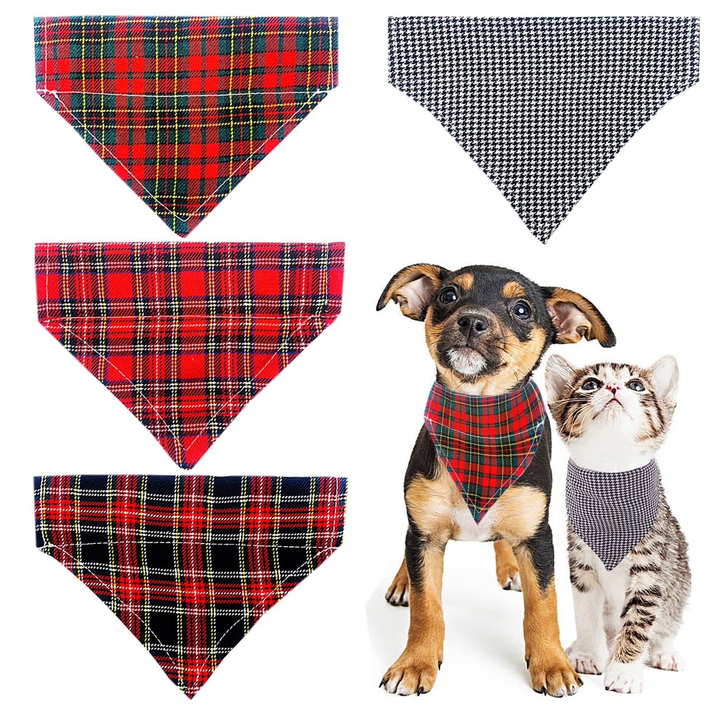 PET SHOW 4Pcs/Pack Plaid Small Dog Bandanas Slip on Collar for Girl Boy Medium Dogs Cats Puppies Bibs Slide Over Collars Washable Cotton Double Reversible Triangle Scarfs Costumes Grooming Accessories
