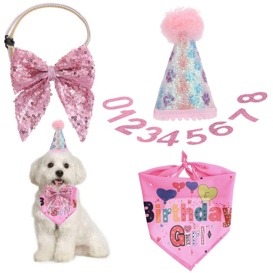 Dog Birthday Decorations Adjustable Dog Hats with Numbers Dog Birthday Party Hat Glitter Pink Dog Birthday Girl Bandanas Hat Set for Small Medium Large Dogs Cats Birthday Party Supplies S